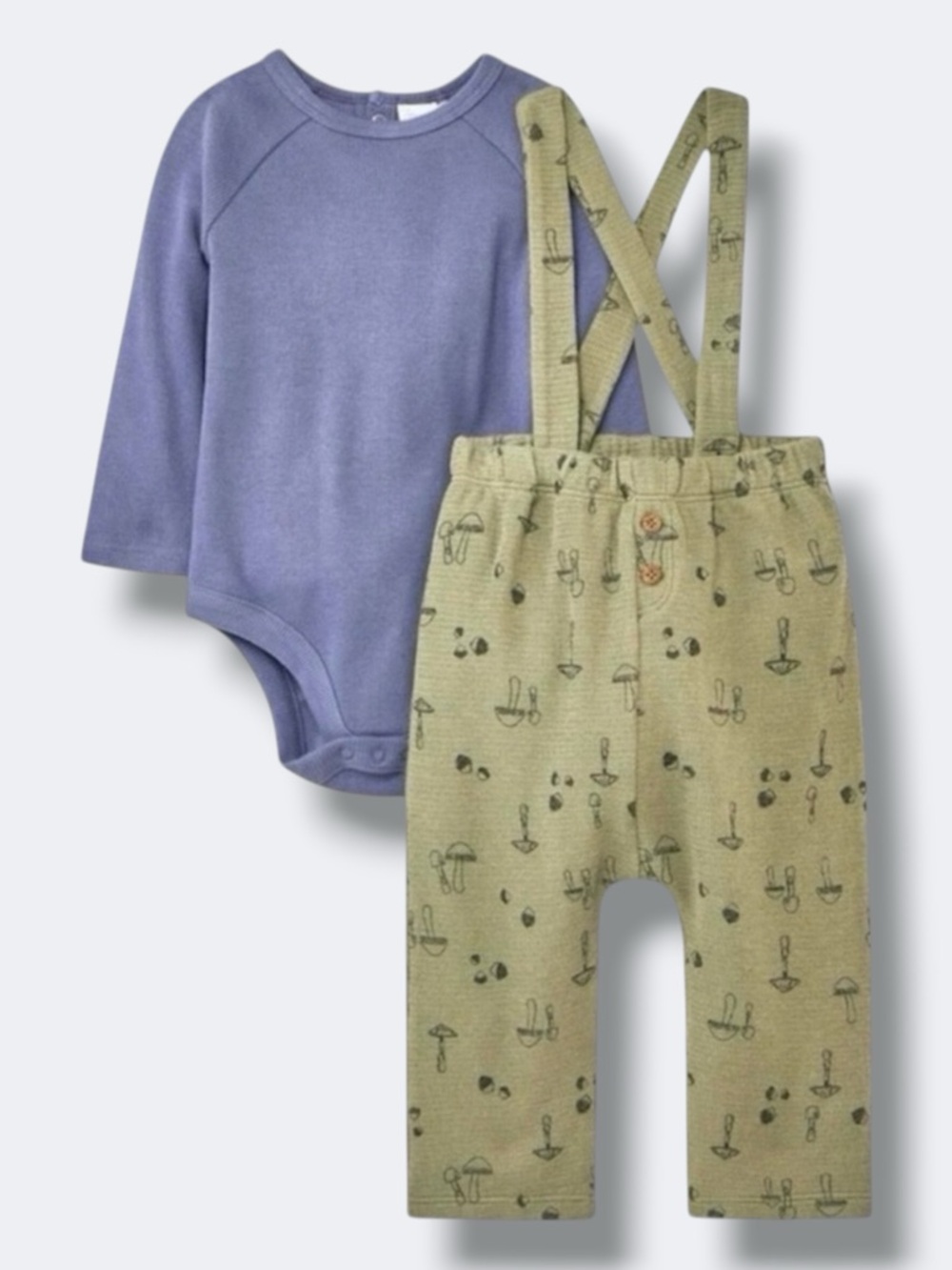 Grayson Collective Boys 2 Pc Outfit 12M Blue Ribbed Bodysuit Green Mushroom Set